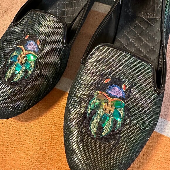 Tory Burch Cailyn Holographic Green Beetle Smoking Slipper Loafers Metallic - 8M - Picture 2 of 6